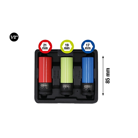 Drei farbige Steckschlüsseleinsätze (rot, grün, blau) in einer schwarzen Box, Grössenangaben in mm, 1/2 Zoll.